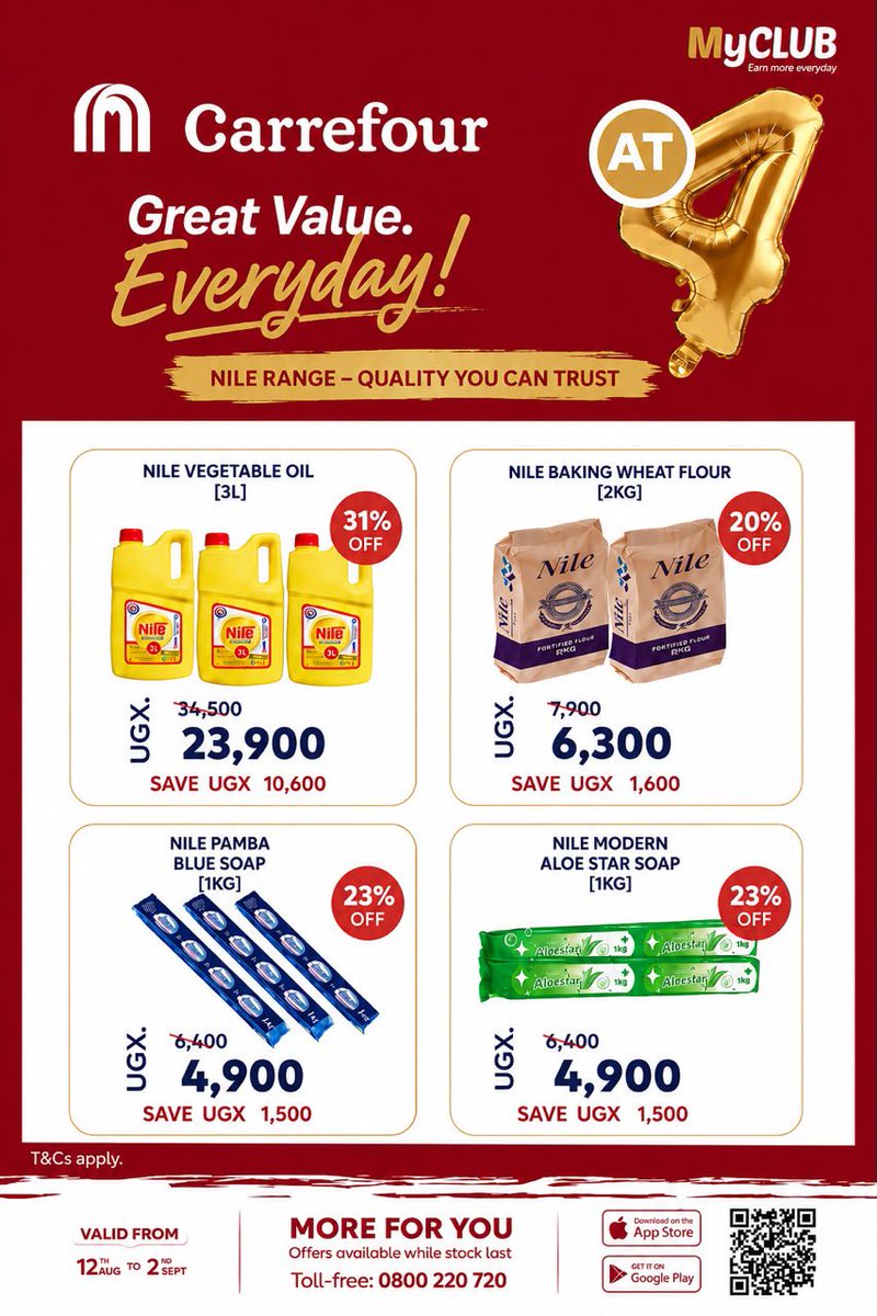 NileAgro's tweet photo. Save big on your favorite Nile Agro products!
Oil, Flour, Soap - all up to 31% OFF at Carrefour.
Cook better. Clean better. Live better with Nile.
12th Aug - 2nd Sept. While stocks last.
#NileAgro #NileProducts #CarrefourDeals #Uganda https://t.co/mHeHNyjdB9