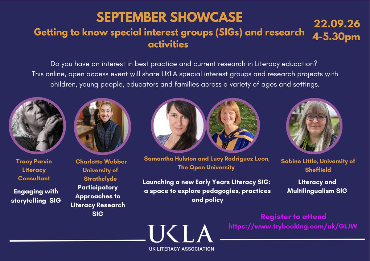 The_UKLA's tweet photo. Working or studying in education? Interested in literacy research?  

UKLA’s online September SIG showcase will highlight recent projects in the world of literacy research - supported by us!  

When: 22/08/26 at 4pm-5.30pm  

Booking available at: https://t.co/9RRdEleBAm https://t.co/MquhqtaIlq