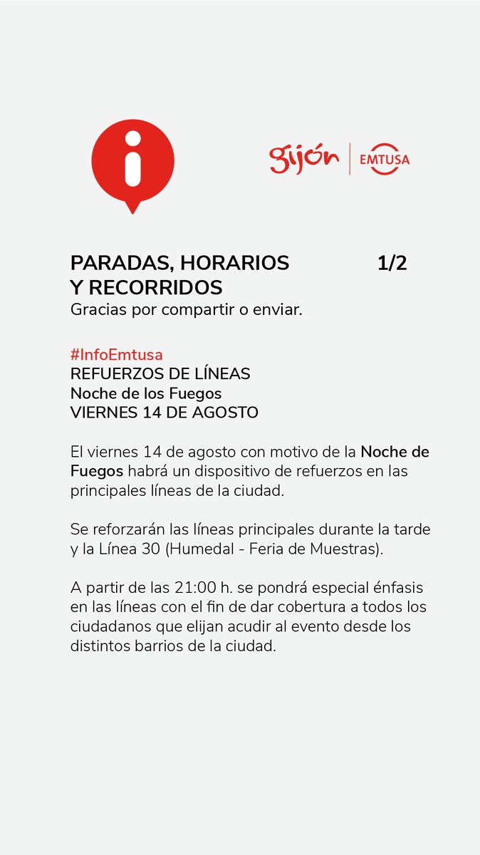 GijonBus's tweet photo. #EMTUSAconecta💫🤩🎇🎆✨
‼️PREPARADOS para de la Noche de Fuegos?🤩
REFORZAMOS BUSES en las principales Líneas de la ciudad en las horas previas al evento y se duplicarán servicio de líneas BÚHO 1, 2 y 3 hasta las 3:00 h. de la madrugada.
#GijónMejorEnBus, no? https://t.co/fHPFTTWhjm