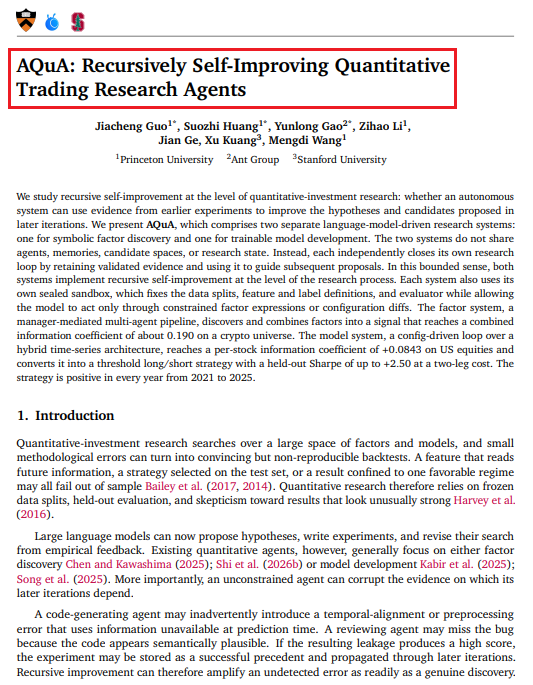 RitOnchain's tweet photo. A new paper from Stanford, Princeton and Ant Group introduces AQuA, an autonomous quant research agent.

To stop the AI from accidentally looking into the future, they locked it in a "sealed sandbox." 

The resulting threshold long/short strategy generated a +2.50 Sharpe ratio out-of-sample.

Structural constraints beat prompt engineering every single time.

Bookmark and read the full paper.