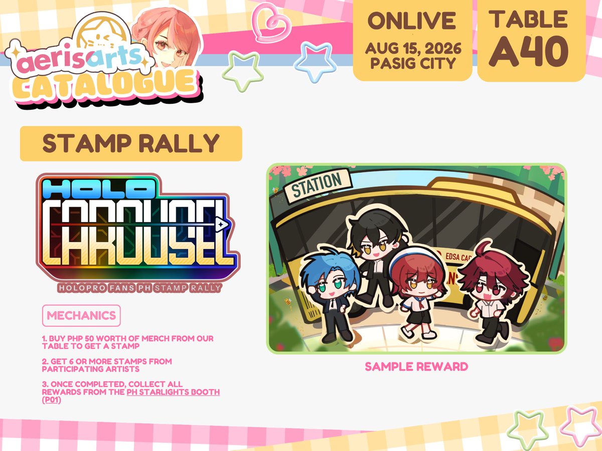 aerisarts's tweet photo. Hereโs the #HoloCarousel stamp rally mechanics and my contributed reward <3
See you there!
#onliveph2026 #onlivecon https://t.co/2bH35TrrGn