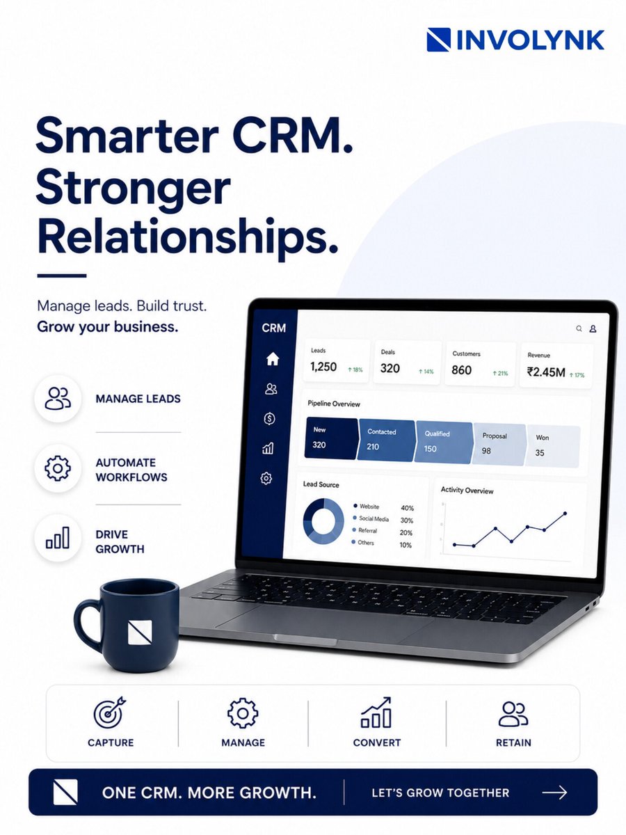 involynk's tweet photo. Smarter CRM. Stronger relationships. Better growth. 🚀

Manage leads, automate workflows, and turn customer relationships into business growth.

#INVOLYNK #CRM #DigitalTransformation #BusinessGrowth #StartupIndia https://t.co/FBfvZpKYGI