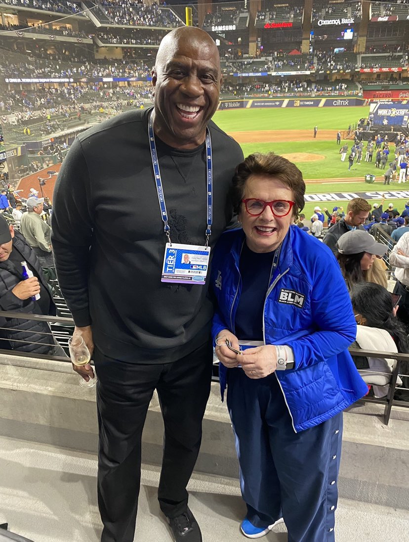 BillieJeanKing's tweet photo. Please join me in wishing a very happy birthday to 12x NBA All-Star, 3x NBA Finals MVP, and 5x NBA Champion, our friend and business partner, @MagicJohnson! 🎊 https://t.co/n4KkG1vkuT