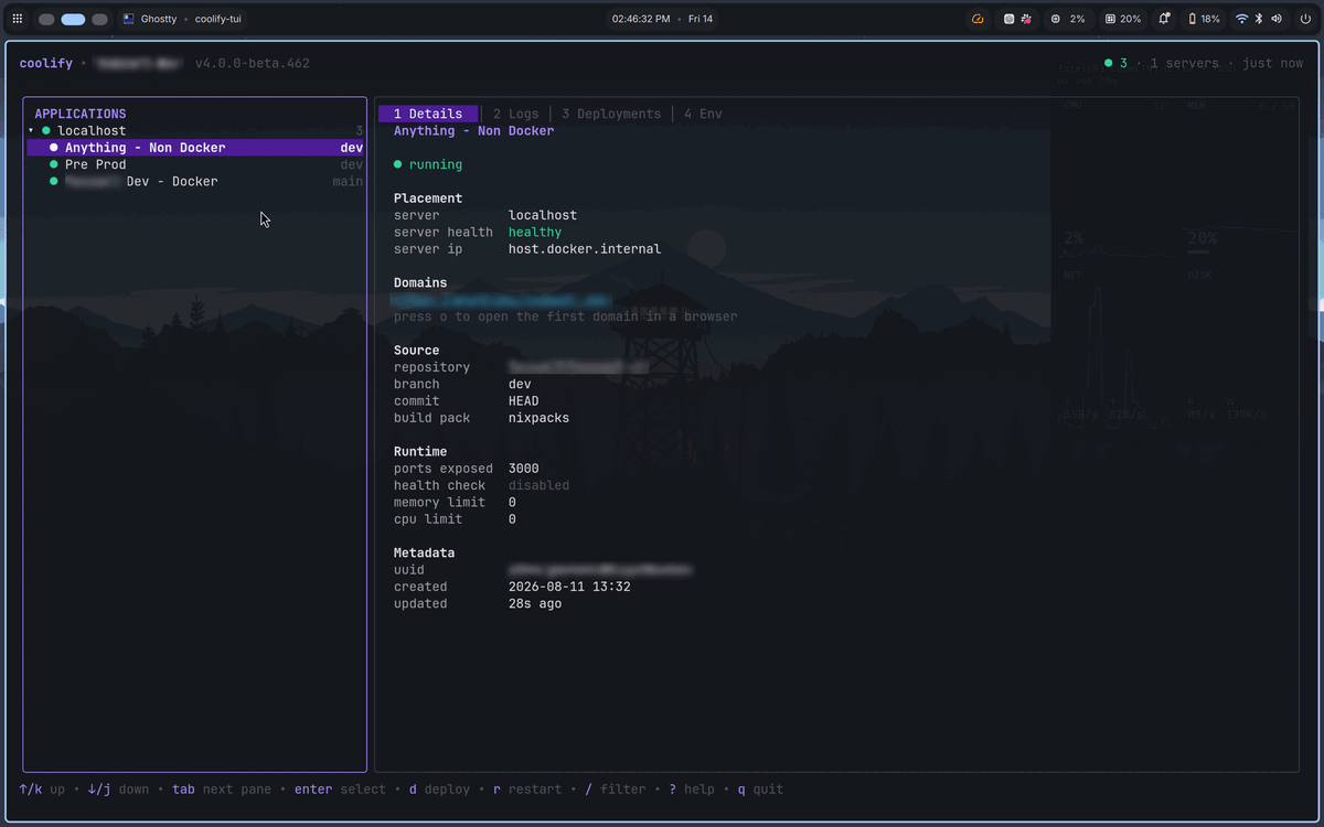 iamnitinr's tweet photo. what if we had the lazydocker equivalent of managing apps deployed with @coolifyio https://t.co/lhzvODEMBj