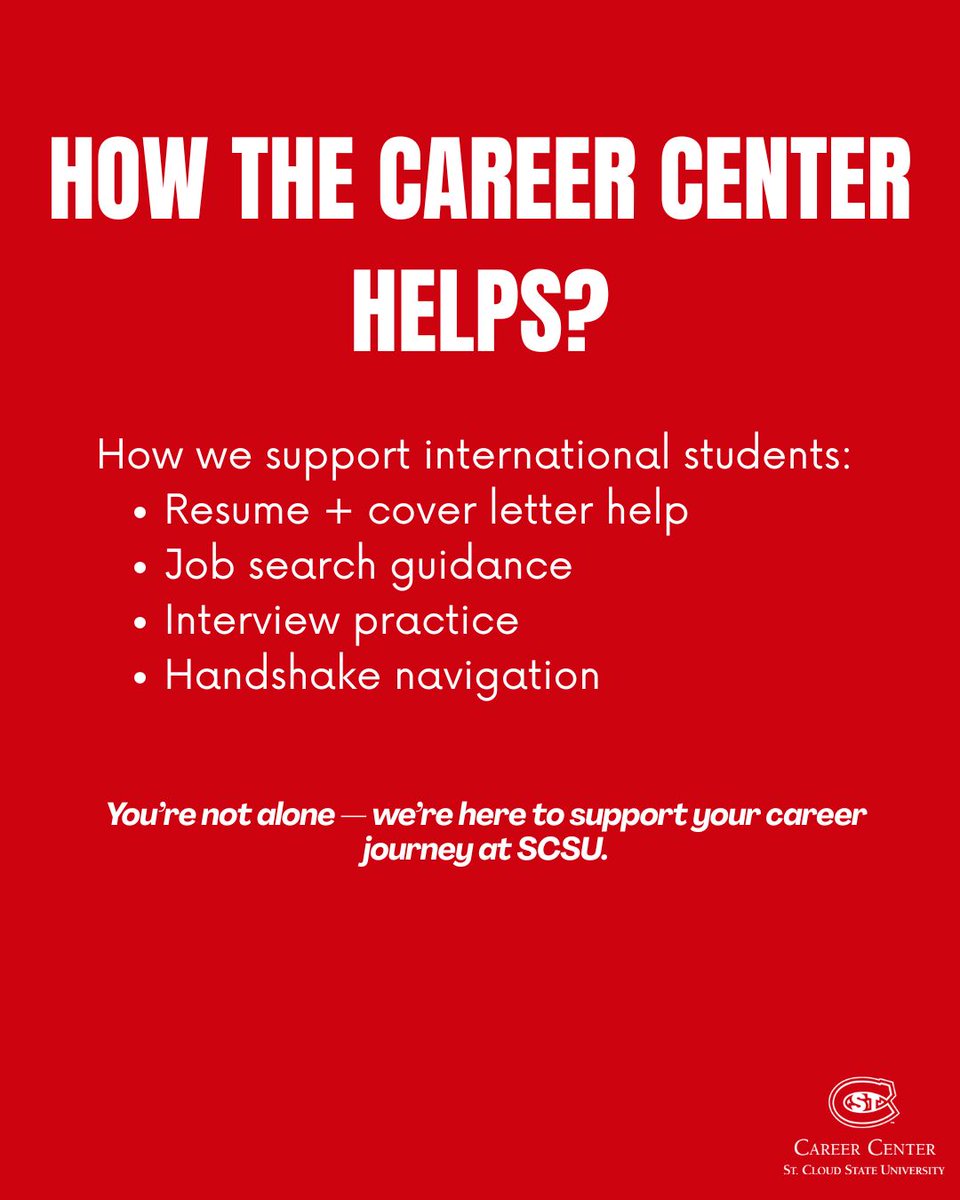 SCSUCareer's tweet photo. International students asked if we can help them find jobs — and the answer is yes.
On‑campus jobs are open to international students and posted on Handshake.
Stop by the Career Center for personalized support. #SCSU #Jobs #InternationalStudents https://t.co/JP8JUEfH4m