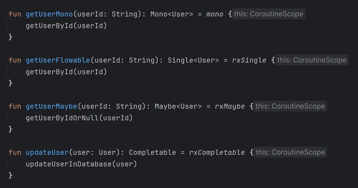 MarcinMoskalaPL's tweet photo. To create Mono, Single or Maybe, use mono, rxSingle or rxMaybe that start a coroutine and emit its result. There is also rxCompletable that creates Completable from a coroutine. https://t.co/d48nheRihP