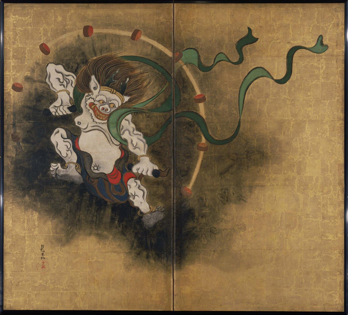 NihonBijutsushi's tweet photo. 尾形 光琳　おがた こうりん　Ogata Kōrin　1658–1716

《風神雷神図屏風》
ふうじんらいじんずびょうぶ

18世紀初め・江戸時代
金地の紙に彩色・屏風2曲1双
東京国立博物館 https://t.co/P2g1fTRKSW