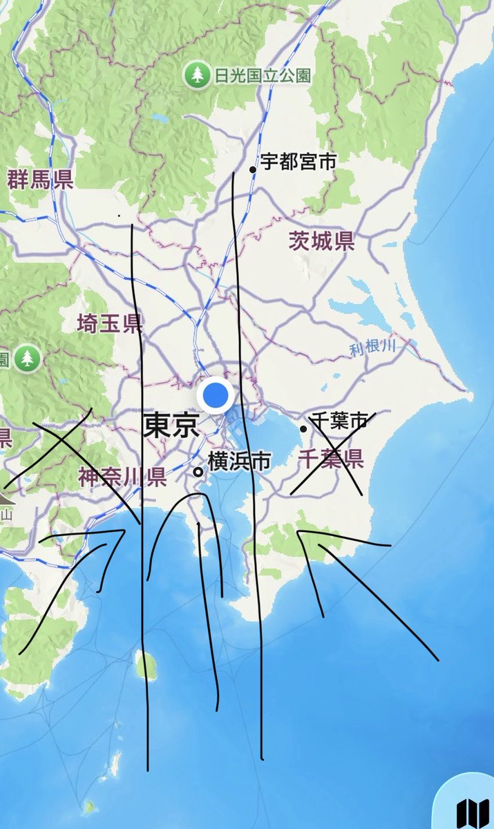 taiko9583's tweet photo. 23区の大雨の弱点はずばりこのコース
南西方向や南東方向は山があったり、陸地が大きいため都心まで来た時にそこまでインパクトは大きくない https://t.co/52mgxJHLr0