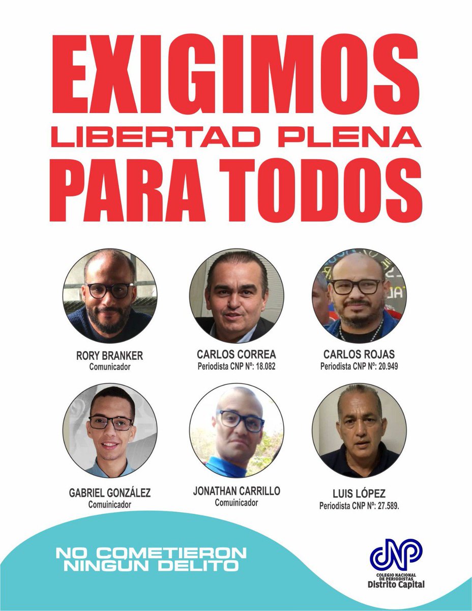CNPCaracas's tweet photo. #14Agosto | El ejercicio periodístico no puede seguir siendo penalizado.

Exigimos libertad plena para los 6 periodistas y trabajadores de la prensa que aún permanecen con medidas cautelares. 

Defender el derecho a informar y estar informados es un deber de todos. https://t.co/kg15C1Cyeq