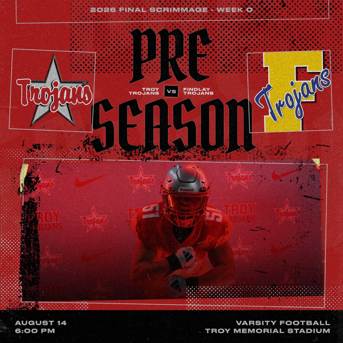 troyhstrojans's tweet photo. One final tune-up before the regular season begins!

The Troy Trojans host Findlay tonight at 6:00 PM for our final varsity football scrimmage at Troy Memorial Stadium.

Come out and get an early look at the Trojans before next week’s season opener against Pickerington North! https://t.co/qvQ9WG0nQH