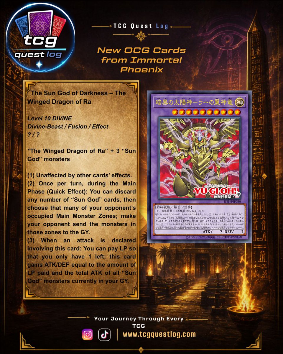 TCGQuestLog's tweet photo. The new Fusion Boss Monsters of the archetype "Sun God" from Immortal Phoenix look pretty strong.

Will these cards shape the meta? 💬

https://t.co/0qel4bYCHc

#yugioh #yugiohtcg #yugiohocg #wingeddragonofra #tcgquestlog https://t.co/JT16bJgajc