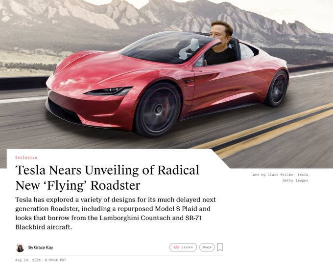 StockSavvyShay's tweet photo. $TSLA is reportedly preparing to unveil its long-delayed Roadster as early as this month with a $SPCX powered version using cold-gas thrusters to “fly.”

What started as Tesla’s next hypercar has evolved into a showcase of Tesla and SpaceX engineering increasingly converging. https://t.co/WjsHujkoSd