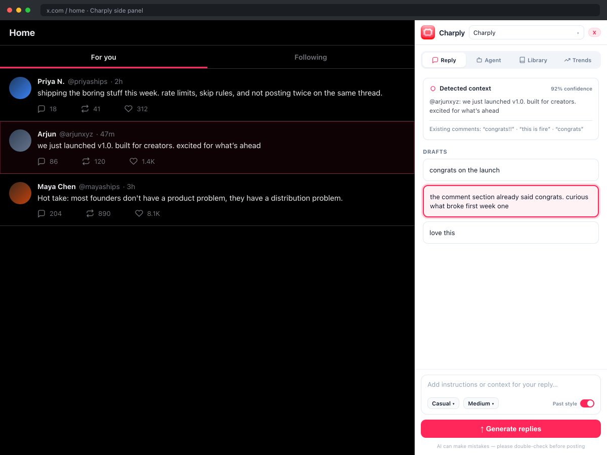 tunnnerpaige's tweet photo. The old reply workflow:

read post
copy post
open ChatGPT
explain context
copy answer
return to feed
rewrite answer because it sounds weird. 

Charply handles this inside the feed. https://t.co/DKUY74AuQk