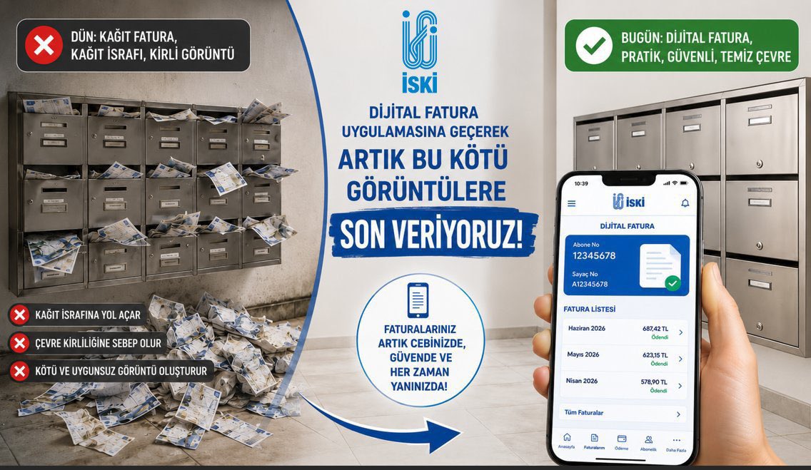 SafakBasa's tweet photo. ♻️ Sıfır Atık'a giden yol Dijital Fatura'dan geçer. Dijital Fatura'ya geçerek kâğıt tüketimini azaltabiliriz. Posta kutularındaki kâğıt faturalar geçmişte kalıyor. #İSKİ #Dijital #fatura #SıfırAtık #Çevre https://t.co/6nQG7biyie