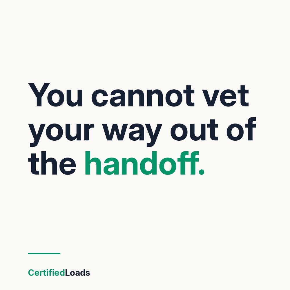 CertifiedLoads's tweet photo. Vetting is a filter. It removes bad carriers from your list.

It does not put anybody at the pickup.

You can run the cleanest carrier list in the country and still lose a unit to somebody who showed up with the right load number at the right time.

The filter and the pickup are different problems. Most operations only bought the filter.

#FreightFraud #CargoTheft #Logistics