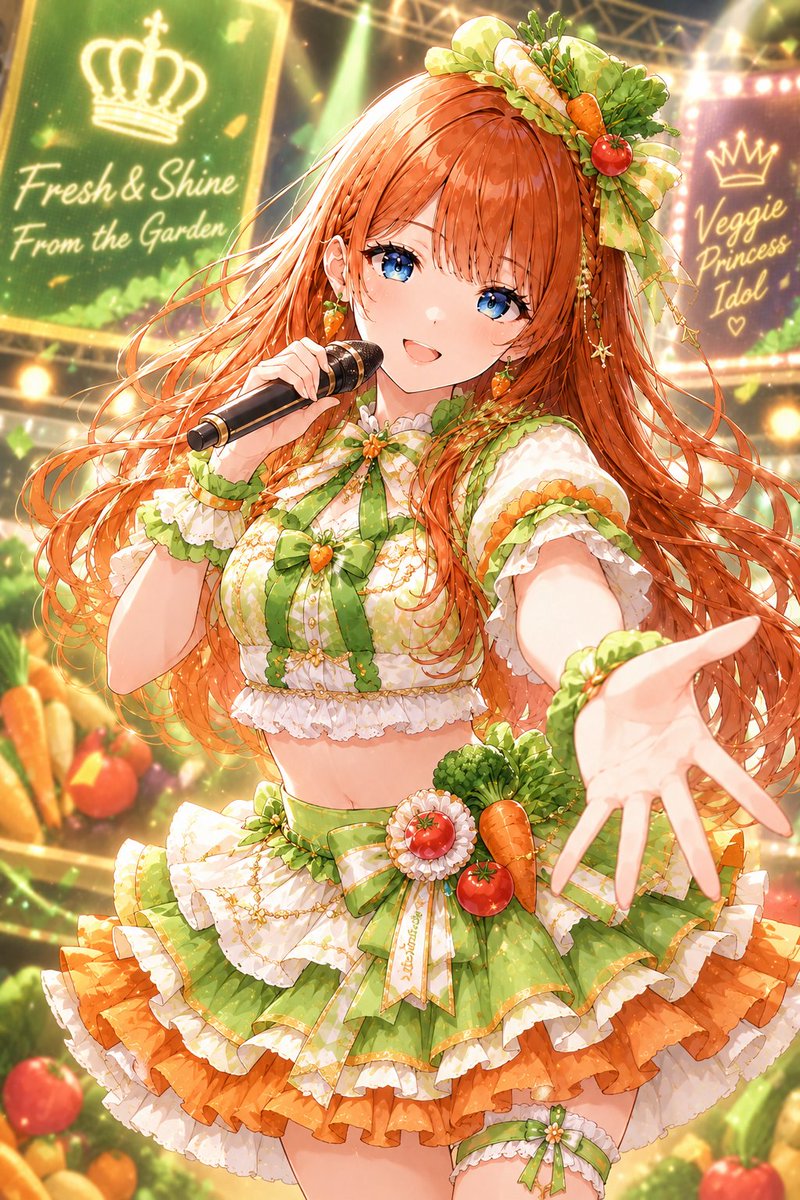 4nOaqtkEsc34545's tweet photo. 星、果物、野菜をイメージしたアイドル衣装の麻里奈です。 https://t.co/0BpiOKvoax
