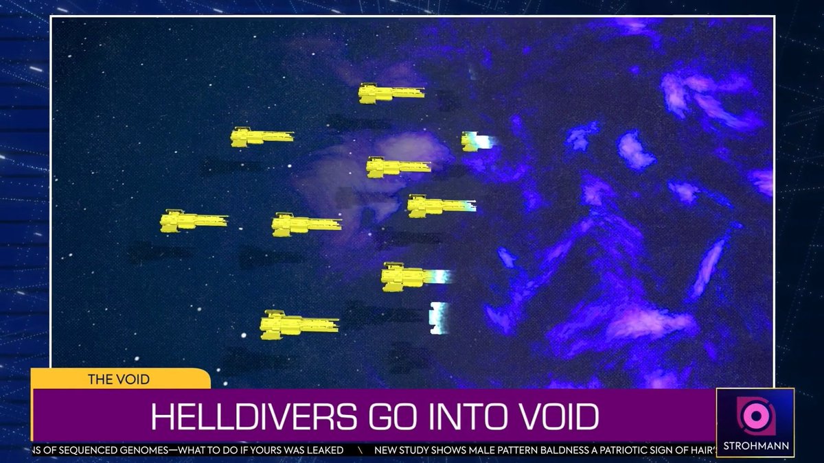 AdvancerAdva's tweet photo. New Strohmann News have dropped on the Super Destroyer TV!

This Strohmann News feature Helldivers Go Into Void!
Coretta Kelly is back at it again!

#Helldivers2 | #Helldivers https://t.co/WBjJZnhbc6