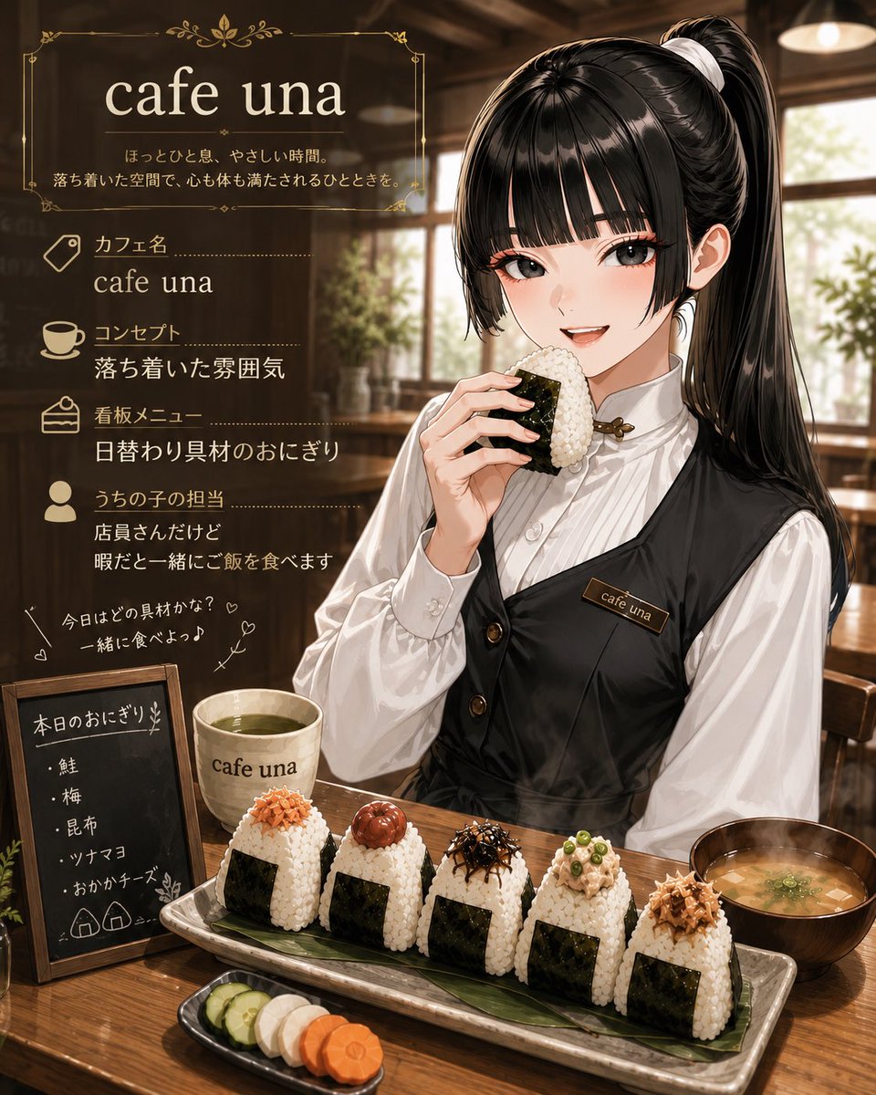 AIIlu_una's tweet photo. 素敵な企画✨参加します！
カフェですが、ポニテメイドちゃんがおにぎり大好きなのでメニューにのせてます🍙
#うちの子のコラボカフェ https://t.co/Txd9AMBMSn