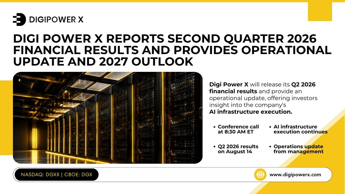 DigipowerX's tweet photo. DigiPower X has reported its Q2 2026 results, marking an important quarter in our continued transformation into a leading AI infrastructure company.

We generated our first AI compute revenue, with approximately $1.1 million from just five weeks of GPU bare-metal operations, while delivering approximately $6.6 million in total Q2 revenue and $3.3 million in Adjusted EBITDA.

Today, we have approximately $1.1 billion in contracted AI data center future revenue, with an expansion option that could increase the total potential contract value to approximately $2.5 billion.

With approximately $150 million in cash as of August 14, no debt, and a growing portfolio of AI infrastructure and power assets, our focus remains clear: execute.

Deliver Alabama. Scale NeoCloudz. Expand our power-secured AI infrastructure platform.

Looking ahead, we are targeting an annualized revenue run-rate of approximately $250–$300 million by Q3 2027.

We’re building for the next phase of AI infrastructure.

Read more - https://t.co/His64YzW1O

$DGXX | $DGX
#DigiPowerX #DGXX #AIInfrastructure #AIDataCenters #AICompute #GPUaaS #DataCenters #ArtificialIntelligence #NeoCloudz