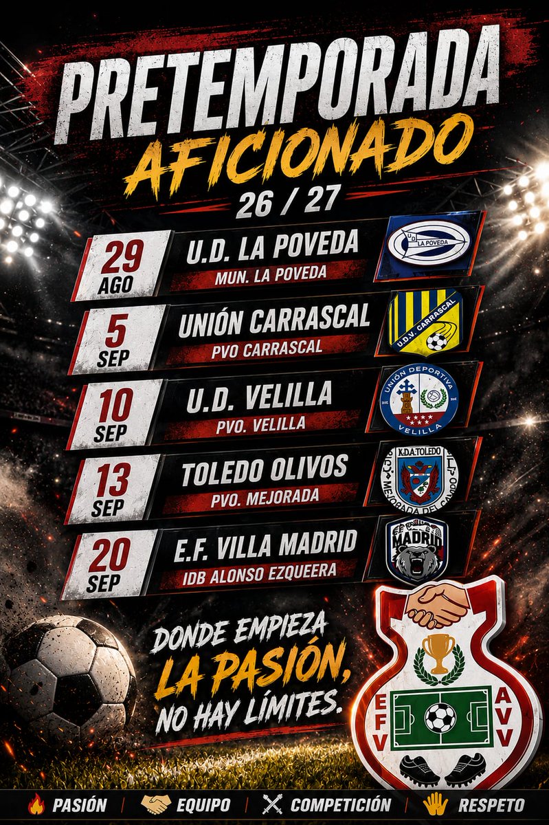 EscFutVicalvaro's tweet photo. PRETEMPORADA - AFICIONADO 26/27 ⚽🔥
  
El trabajo empieza antes del primer pitido de liga.  
Cinco partidos para preparar una temporada ilusionante y volver a soñar.

Donde empieza la pasión, no hay límites...

#aupasoci🔴⚪ https://t.co/hs1KpJ8FZh