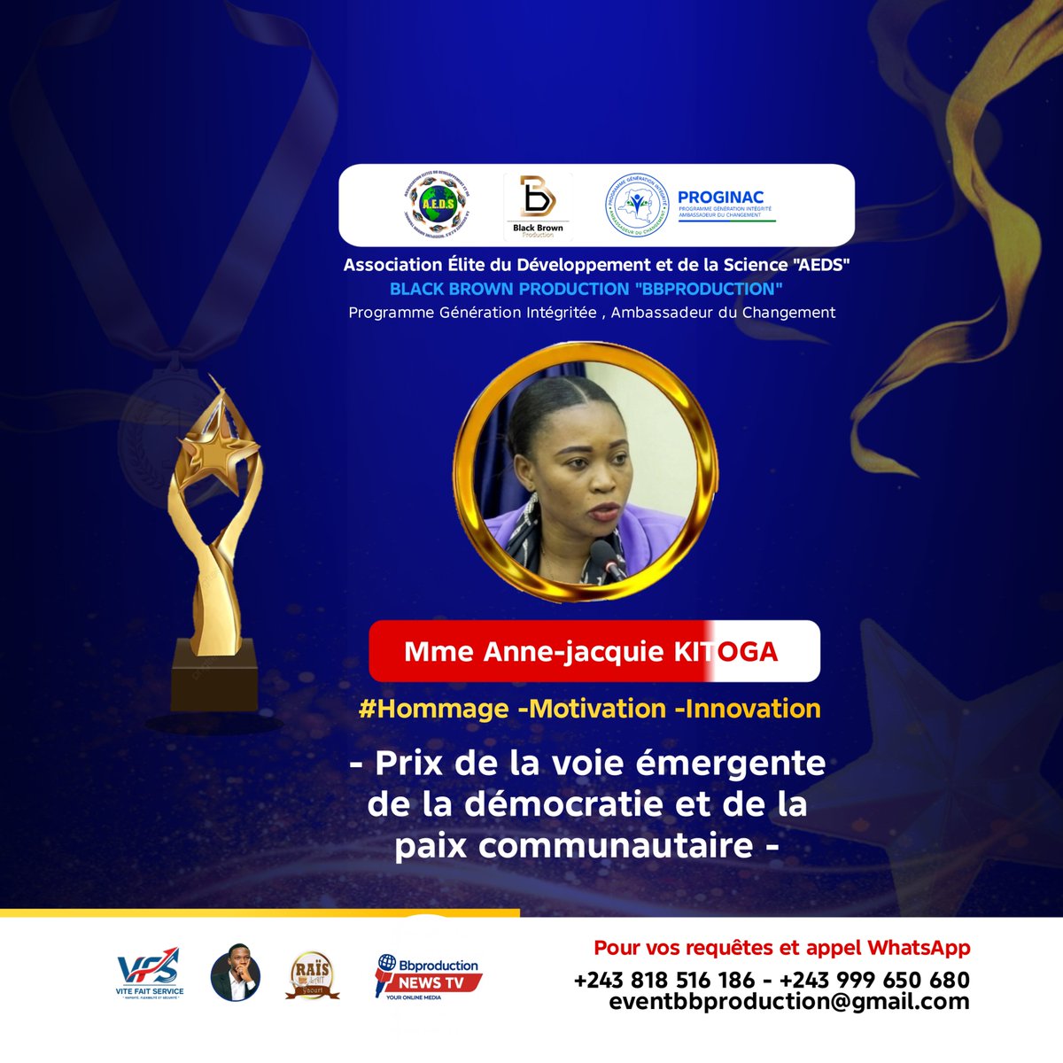 Princenzangi29's tweet photo. Célébrons l'excellence et l'engagement ! 🌟 Nous rendons hommage à Mme Anne-Jacque KITOGA, lauréate du « Prix de la voie émergente de la démocratie et de la paix communautaire ». Un modèle d'inspiration et d'innovation pour notre société. 🇨🇩 @GC_Youth4Peace @CnjRDC @GraceKutino https://t.co/i47yIep0I2