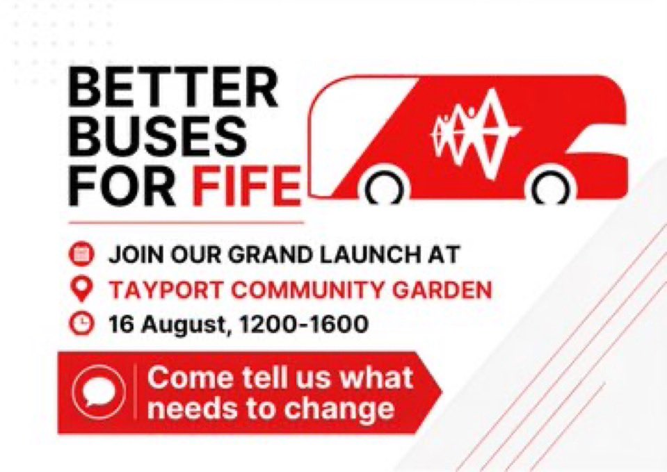 BetterBusesFife's tweet photo. We’re launching our campaign to get #BetterBusesForFife.

📍 Tayport Community Garden
📅 Sunday 16 August
⏰ 12–4pm

Come along &amp; have a chat with us?
@willie_rennie
@S_A_Somerville
@JennyGilruthMSP
@DavidHTorrance
@djbarratt
@ThatsTVTayside 
@courier_fife 
@FifetodayCoUk https://t.co/j6Wb1zevy6