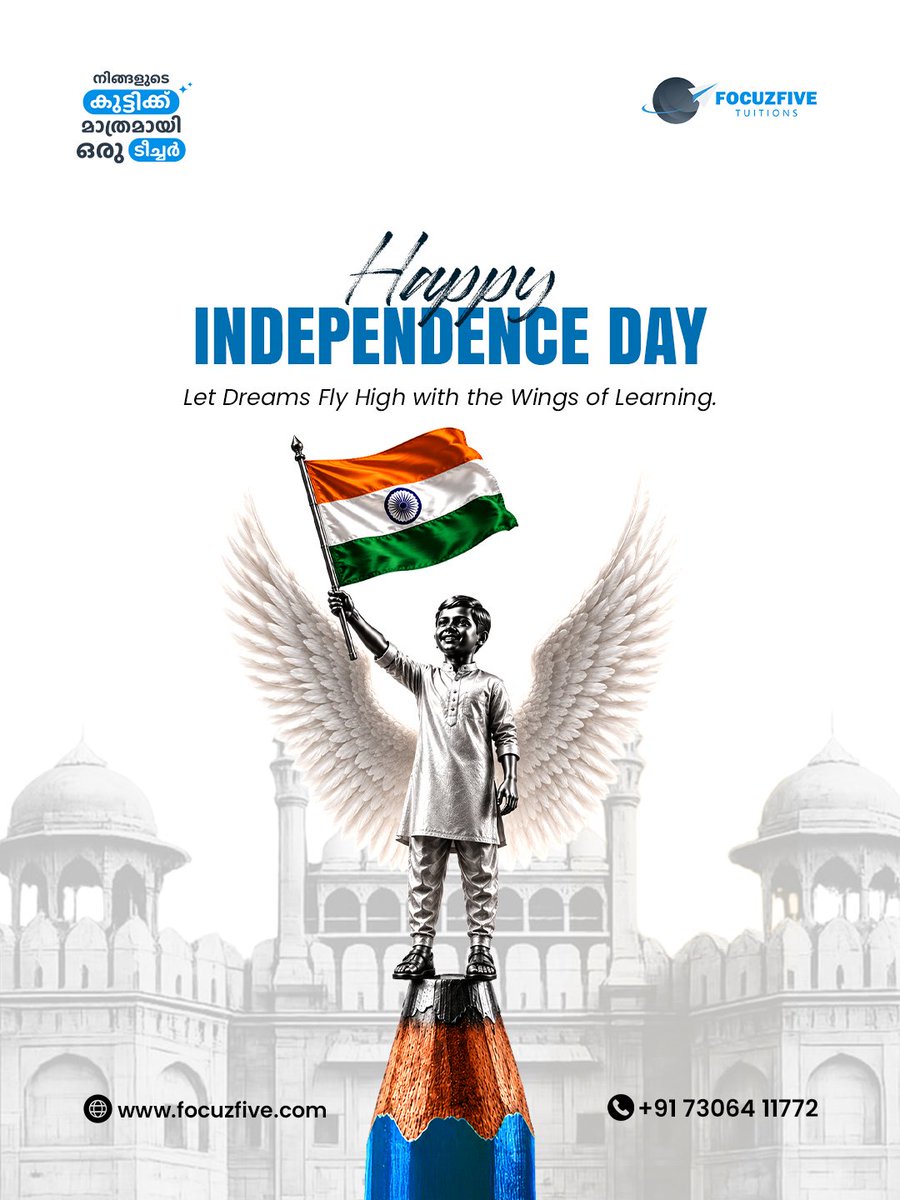 Focuzfive's tweet photo. Freedom gives us the wings to dream, and education gives us the power to fly. 🇮🇳✨

Wishing you a proud and inspiring Independence Day!
Jai Hind! 🇮🇳💙

[India’s independence Day, India’s independence Day poster, Best Online Tuition in UAE, Best Online Tuition in Dubai https://t.co/SIrhVm5vo5