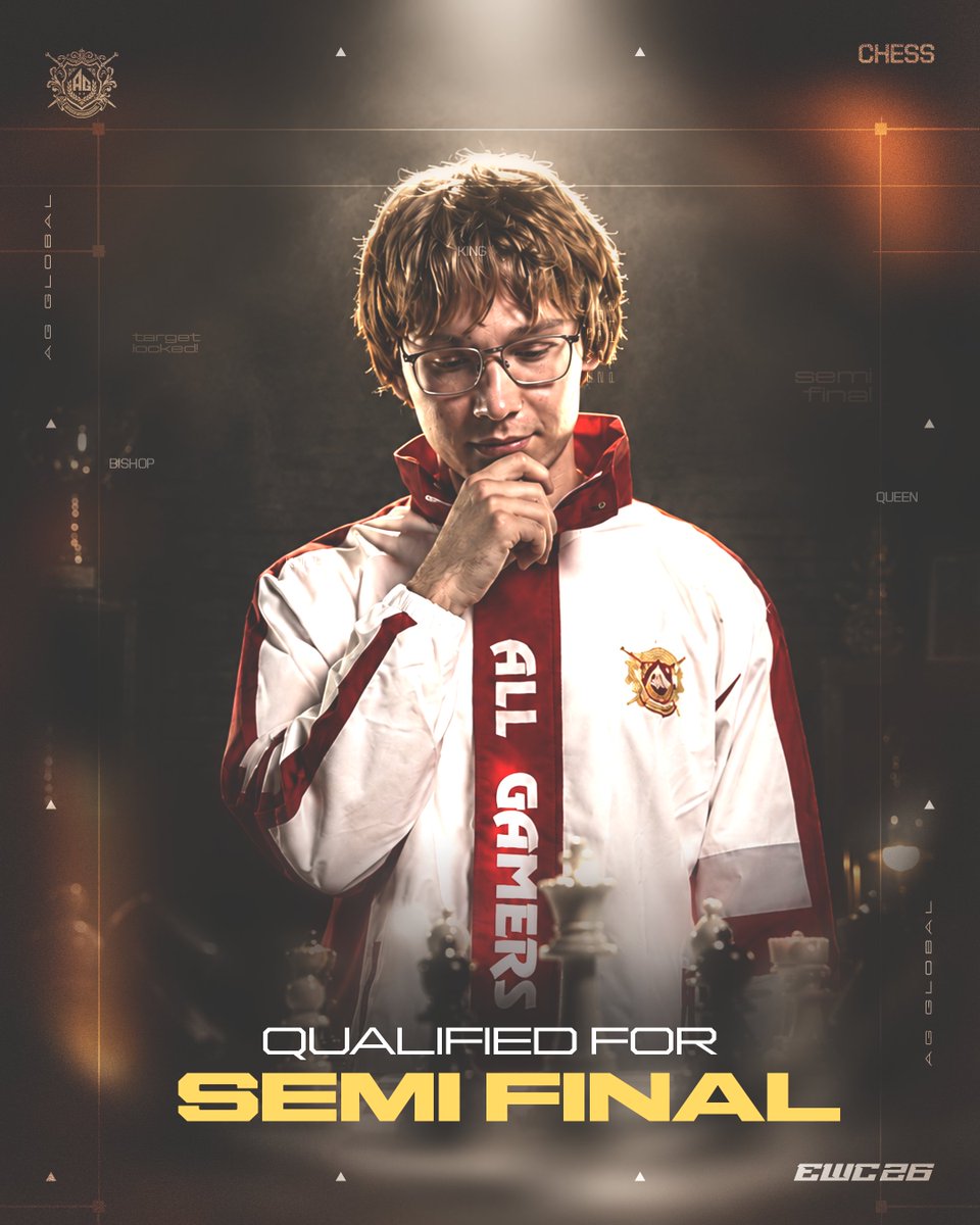 AGGlobalEsports's tweet photo. ♟️ CHECKMATE THE COMPETITION.
https://t.co/XrbwoJ07IN’s chess master is officially QUALIFIED FOR THE SEMI-FINAL! 🔥🏆
The mission continues. One step closer to the throne. 👑

#AllGamers | #AGGlobal | #DreamBeforeGlory | #EsportsWorldCup | #EWC26 https://t.co/M5FqxY86eJ