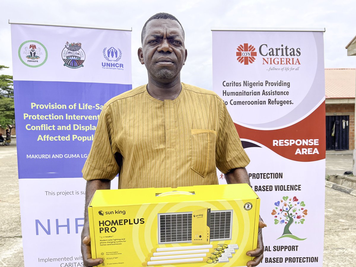CCFNigeria's tweet photo. @CCFNigeria, with funding support from @Refugees and @unhcrnigeria, has distributed household solar kits to over 200 Internally Displaced Persons (IDPs) at the International Market Camp in Makurdi, Benue State. The beneficiaries, who were displaced by the violence in Yelewata, included vulnerable groups such as older persons, pregnant women, breastfeeding mothers, and persons with special needs. The intervention is part of ongoing efforts to improve living conditions and strengthen protection for displaced families.

The solar kits will provide families with reliable lighting, help them charge mobile phones and other essential devices, and improve visibility around their shelters at night. Beneficiaries expressed appreciation for the support, describing it as timely and helpful in making life in the camp easier. Through continued collaboration, @CCFNigeria and @unhcrnigeria are helping displaced families navigate the challenges of displacement while working towards safer, more resilient communities.

#CaritasNigeria
#UNHCR
#Protection
#IDPs
#DurableSolutions #SDG7