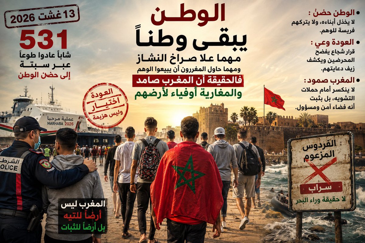ghazi_talb's tweet photo. الوطن لا يقاس بالمسافات ولا يختزل في أوهام العبور، #الوطن هو الأصل، هو الجذر، هو الحضن الذي لا يشيخ. يوم 13 غشت 2026 سجّل #المغرب عودة طوعية لـ 531 شابا من مغامرة #الهجرة غير النظامية عبر #سبتة، عودة ليست مجرد رقم، بل صفعة مدوية في وجه الأصوات النشاز التي تحرّض وتغرّر وتبيع الوهم.

هؤلاء العائدون جسّدوا بقرارهم أن المغرب ليس محطة مؤقتة، بل بيت واسع يفتح أبوابه لأبنائه مهما ضلّت بهم الطرق. كل خطوة عودة هي إعلان صريح أن الفردوس المزعوم وراء البحر ليس سوى سراب، وأن الحقيقة الصلبة هي أن الوطن يبقى وطنا، مهما حاولت الأبواق المسمومة أن تشوّش أو أن تزرع الشك.

الوطن حضن لا يخذل أبناءه، ولا يتركهم فريسة للوهم. وهذه العودة وعي، بل قرار شجاع يفضح المحرّضين ويكشف زيف دعايتهم ليثبت المغرب أنه فضاء آمن ومسؤول.

إن هذه العودة الجماعية تُذكّر الجميع أن المغرب ليس أرضا للتيه، بل أرضا للثبات. الوطن يبقى وطنا، مهما علا صراخ النشاز، ومهما حاول المغرّرون أن يبيعوا الوهم، فالحقيقة أن المغرب صامد، والمغاربة أوفياء لأرضهم.

الطالبي غازي