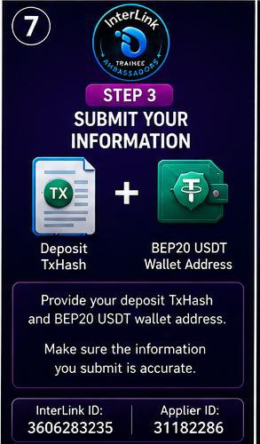 AnithaG87840's tweet photo. 🔐 Step 3 – Submit Your Information

After making the deposit, provide:

🔹 Your deposit TxHash
🔹 Your BEP20 USDT wallet address

Make sure the information you submit is accurate.

#InterLink #ITLG #ITL #WeAreTheFirst10MLinkers https://t.co/teVACszzls