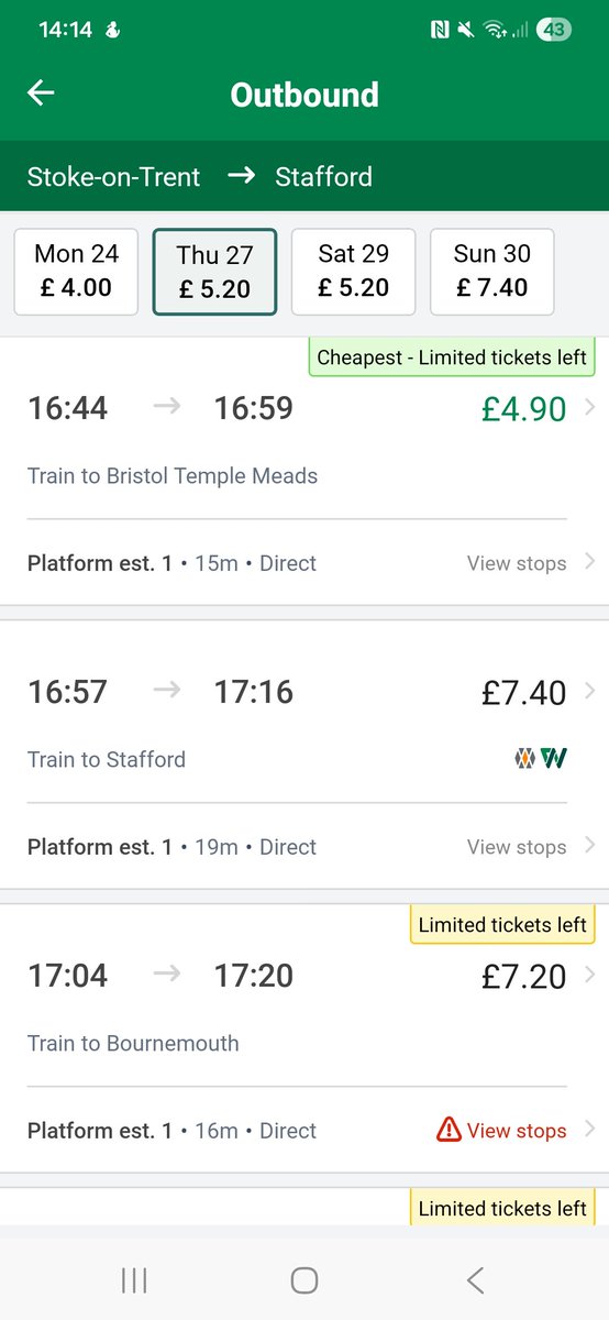 abrahamandy's tweet photo. @LNRailway hello, any idea why your system won't show the 16:57 SOT-STA as a valid connection when then travelling to LTV? It allows me to book the 17:57 this way but not the one the hour before? Connects with the hh:32 Euston-bound service at STA so no issue with min connection? https://t.co/7vywDKTP8g