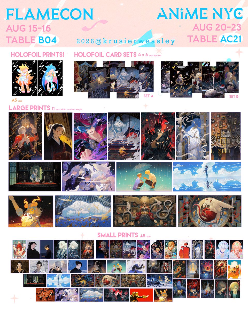 KrusierWeasley's tweet photo. Iโll be tabling at Flamecon this weekend and ANYC next weekend!!! Come by and say hi ๐ฅณ
If youโre not able to make it to the cons, all my merches are available on my online store as well! (Please allow some time for pre-order items to be prepared)
#anyc #animenyc #flamecon #catalogue