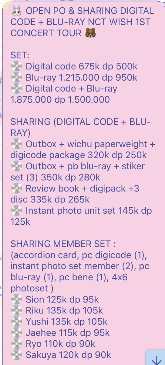sharingbynachie's tweet photo. 🐰 OPEN PO &amp; SHARING DIGITAL CODE + BLU-RAY NCT WISH 1ST CONCERT TOUR 🐻

📝 Price in pict
💰 est bersih ina 
👩‍💻 Web ktown
❌ Until sold web
📝 sharingan gabungan dari digital code &amp; blu-ray
🏡 Tangerang
🏡 GO LINE/WA

t. Wts wtb nct wish digital code blu-ray into the wish https://t.co/i3KRhq9k5x