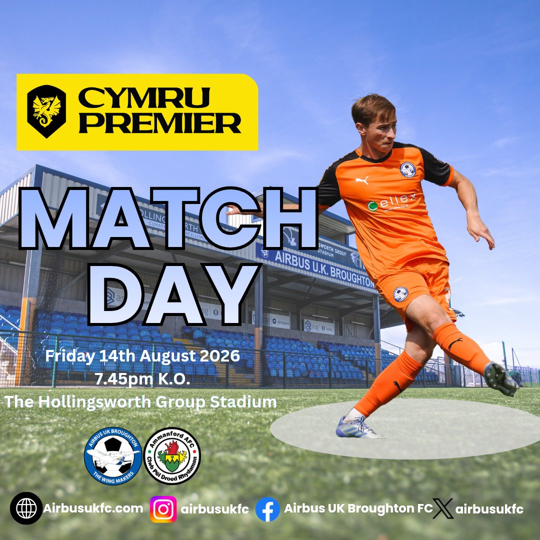 airbusukfc's tweet photo. This evening we are back on home turf as we welcome @AmmanfordAFC ⚽✈️
📅 Friday 14th August 2026 📅
🆚 @AmmanfordAFC
🕢 7.45pm
🏟️ The Hollingsworth Group Stadium
🏆 Novira Cymru Premier League
#Wingmakers✈️ #UpTheBus #noviracymrupremier https://t.co/jpqAQgtnYw
