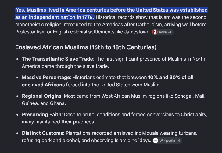 nlbs_'s tweet photo. Hey @grok 

Did Muslims lived in colonial America before the United States existed? https://t.co/fvj1mQBsPd