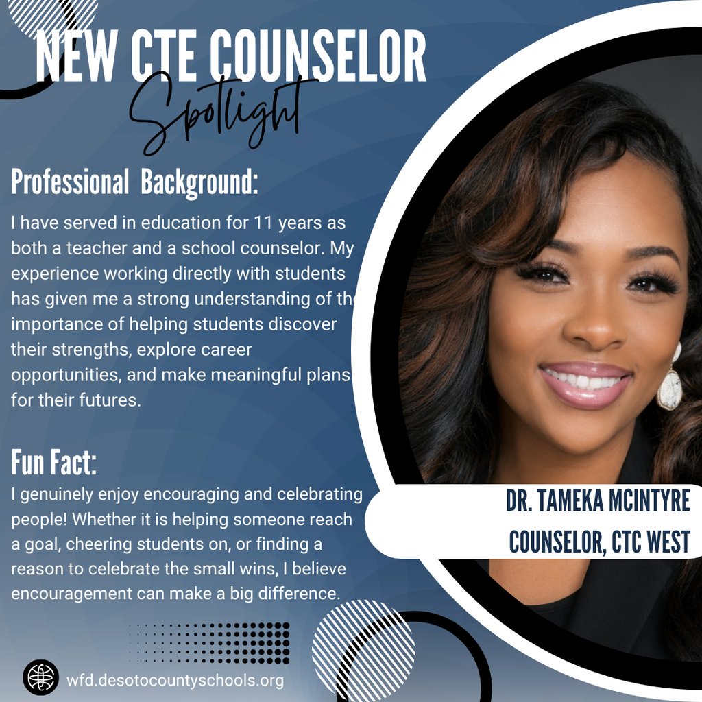 DCS_Workforce's tweet photo. Meet Our New CTE Counselor! Our CTE counselors play an important role in helping students identify their interests, explore career pathways, and make informed decisions about their futures. Join us in welcoming our newest CTE counselor! #teamDCS #desotocte #workforcedevelopment https://t.co/yMaeghbAwE