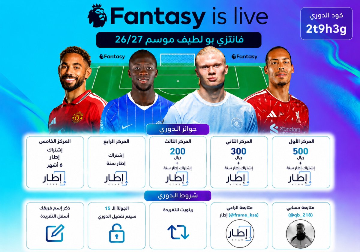 QB_218's tweet photo. دوري فانتزي بو لطيف 27\26 🏆

- جوائز نقدية بقيمة [1000 ريال سعودي] لأصحاب المراكز الثلاثة الأوائل + إشتراكات إطار 🥇🥈🥉. 
- الرابع+الخامس [ إشتراكات إطار].

كود الدوري : 2t9h3g 

📌شروط المشاركة:
- متابعة حسابي + @Frame_ksa ✅.
-  رتويت للتغريدة 🔁 .
- إسم فريقك أسفل التغريدة. 
- إغلاق الدوري  الجولة 15 🔏.

رابط الدخول مباشره ⬇️
https://t.co/u6ZTcL0qcw