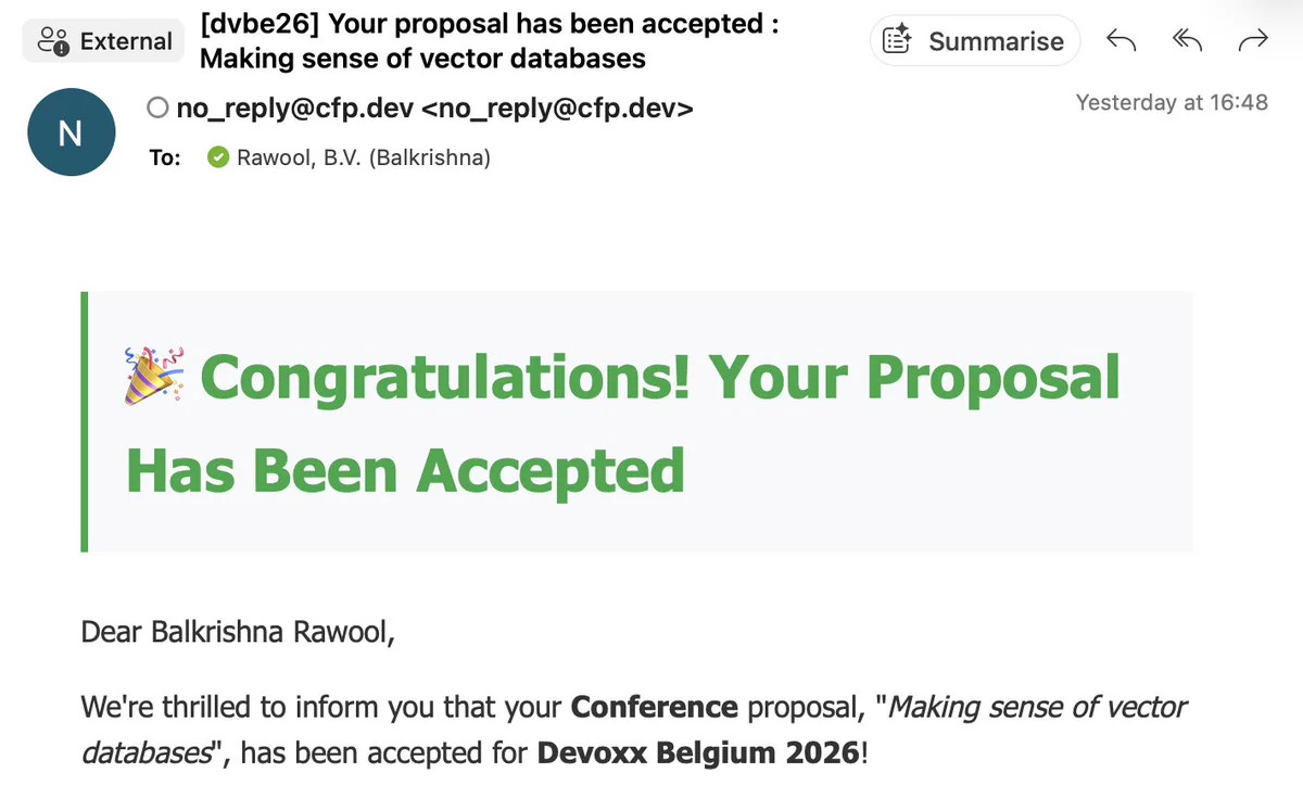 Acceptance email from Devoxx Belgium