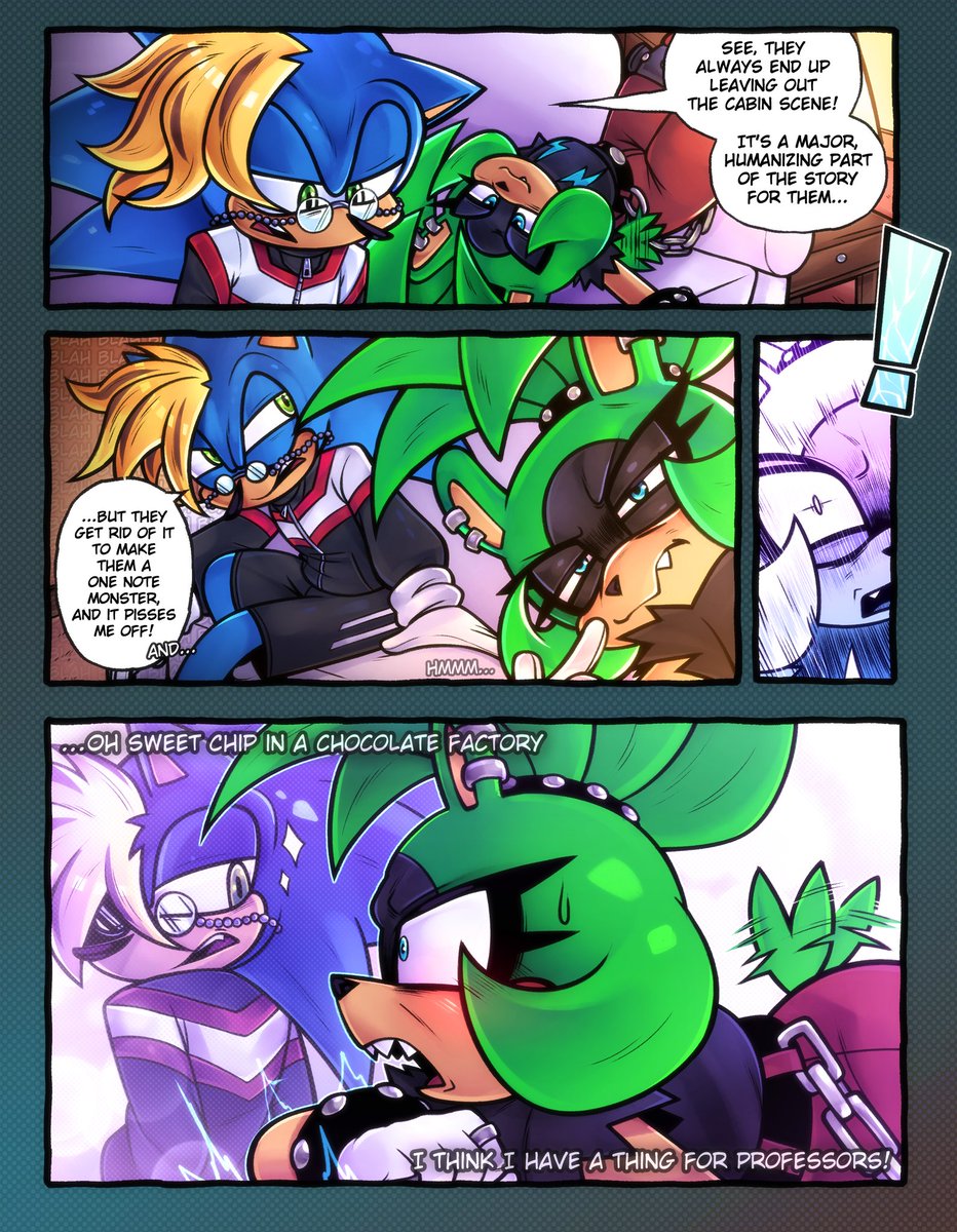 MauveMarsupial's tweet photo. Some sonurge done by @Kibichi_ 

Sonic going on a rant about adaptions from a book leads Surge to the horrifying discovery that she's into professors...God help her...

If anyone asks, Sonic has hair he normally keeps hidden in my au, and has reading glasses, too. https://t.co/q5JWQoUU4f