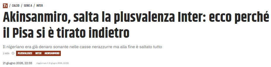 Fabio_Wallys's tweet photo. Negli ultimi mesi c’è una sola società di Serie A che risulta coinvolta in 2 operazioni prima bloccate o poi fallite in sede di verifica/esecuzione: l’Inter.
Akinsanmiro–Pisa: riscatto non perfezionato.
Frattesi–Lazio: operazione inizialmente bloccata poi ristrutturata.
In entrambi i casi il problema non era finanziario dell’Inter, ma della controparte.
E' normale che un club strutturi, nel giro di pochi mesi, 2 operazioni con controparti che al momento della verifica della Lega non risultano in grado di eseguirle secondo la formula concordata?