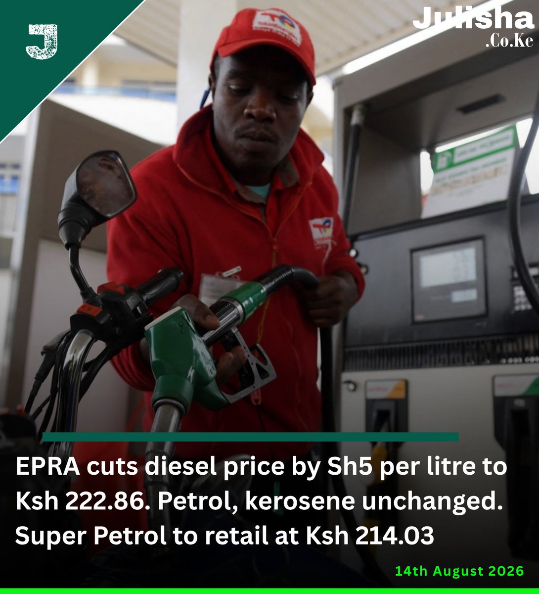 Goddie_Ke's tweet photo. EPRA cuts diesel price by Sh5 per litre to Ksh 222.86 as petrol, kerosene remain unchanged. Super Petrol to retail at Ksh 214.03 https://t.co/sa2jKHCN3k