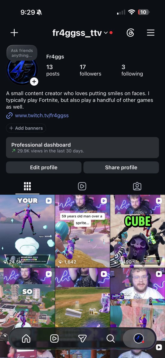 fr4ggss's tweet photo. Think I’m finally understanding this content creation stuff give me a month let’s see where I end.

Instagram: 17 followers
TikTok: 4,504 followers
YouTube: 172 subscribers

#smallstreamer #twitch #fortnite #youtube #instagram https://t.co/pPcLuCmzHS