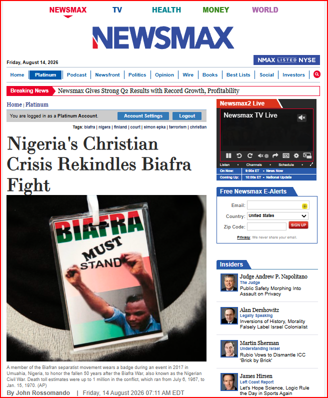 John_Rossomando's tweet photo. A #Finnish citizen of Nigerian origin appeared in court in Finland last week to appeal a terrorism conviction for his support for a violent uprising against Nigeria by Christians belonging to the Igbo ethnic group.

A Finnish court convicted Biafran independence activist Simon Ekpa on terrorism charges in 2025 and sentenced him to six years in prison. Ekpa describes himself as an advocate for Biafran self-determination against anti-Christian persecution by the Nigerian government and rival Muslim ethnic militias and rejects being called a terrorist.

Ekpa, 41, leads an independence faction known as the Biafran Government in Exile (BRGIE), which refers to him as its prime minister.

His case has drawn support from the International Freedom Coalition (IFC), a U.S.-based group headed by Walid Phares and Charles Jacobs that calls attention to minorities who have been killed and persecuted by jihadis.

The Igbos are predominantly Christian, while the Nigerian government is largely controlled by Muslim elites belonging to the Hausa and Fulani ethnic groups. The Igbos live primarily in southeastern Nigeria and complain of discrimination by these elites, as well as violent jihadist attacks by Boko Haram, Islamic State West Africa Province (ISWAP), and Fulani herders, who they say are part of a campaign of forced Islamization.

The Nigerian government has denied this.

Ekpa's social media activity was vocally supportive of a low-level violent uprising against government forces, jihadists, and Fulani herders.

"We are absolutely not terrorists. They come to kill us," Ekpa said in court last week. "We are trying to avenge the deaths of our families. We are not terrorists in defending our territory. There were over a million Biafrans killed [in the 1960s by the Nigerian government]."

He said that the Nigerian government and Muslim tribesmen continue to kill his people even today. Igbos have bitter memories of the 1960s, when Muslim elites waged a campaign of organized pogroms that left 50,000 Igbos dead.

That led to the creation of the Republic of Biafra, a partly recognized, Igbo-dominated state that existed from May 30, 1967, to Jan. 15, 1970.

The conflict was, in part, a legacy of British colonial policy. In 1914, the #British amalgamated the Protectorate of Southern Nigeria — home to individualistic Christian and animist peoples — with the Muslim-dominated Protectorate of Northern Nigeria.

They deliberately cultivated a feudal, Muslim-dominated northern elite that proved pliable to colonial demands. The more independent-minded #Igbo and #Yoruba of the south were harder to control; uniting the two regions therefore served as a power move that also allowed the wealthier south to subsidize the administration of the poorer north.

That power structure continued after Nigeria gained independence in 1960, contributing to the massive loss of life that followed. Presidential candidate Richard Nixon expressed support for Biafra in 1968 in a document entitled "Nixon's Call for American Action on Biafra."

It criticized Nigeria's war on Biafra as "the destruction of an entire people" and said, "Let us at least act as the world's conscience in this matter of life and death for millions."

But as president, #Nixon had to deal with the realities of the Vietnam War and was politically unable to help.

The death toll by the end of the war in 1970 was around 1 million, and the conflict continues to color official Nigerian state policy and U.S. policy toward Nigeria, which rejects secessionism of any kind.

Under Nigeria's "No victors. No vanquished" policy, Igbos sought greater representation in Nigeria following the reconquest of Biafra by Nigerian government forces.

Hudson Institute scholar James Barnett noted that these aspirations were never fully realized.

"These aspirations have not been fully realized, and Igbos have espoused widespread grievances against the Nigerian government and nostalgia for the short-lived Republic of Biafra that was defeated in the civil war," Barnett wrote in a July commentary on the Hudson Institute website, saying that Biafran activism has been met with repression at some times and cooptation at others.

A period of relative peace lasted until the election of the late Gen. Muhammadu Buhari as president of Nigeria in 2015. Buhari served in the Nigerian Army during the Biafran War, which has colored how Igbos view him.

The rise of violent activism by Biafrans under the banner of the Indigenous People of Biafra (#IPOB) followed Buhari's crackdown on the group in 2017. Human Rights Writers Association of Nigeria (#HURIWA) stated in 2024 that Buhari unleashed the full weight of the Nigerian military and state on IPOB in a biased manner.

HURIWA claimed that a similar degree of force was not directed at Fulani herders. This has given rise to accusations of bias by Biafran groups, which accuse the Muslim-dominated government in Abuja of sectarian favoritism because the Fulani are predominantly Muslim.

The group called on Nigerian President Bola Tinubu to disband the Fulani vigilante group. Religious liberty scholar Nina Shea noted in congressional testimony last November that a Catholic bishop "gave a startling, first-hand testimony that described frequent raids on the farmlands of his Makurdi diocese by armed Fulani #Muslim herders, who kill, rape, or kidnap residents, all the while shouting the jihadi battle cry, 'Allahu Akbar.'"

Shea also stated in her testimony that these herders frequently use firearms in their attacks against Christian farmers, including AK-47 assault rifles.

Reports from the Nigerian media indicate that Fulani herders have spread from their strongholds in northern and north-central Nigeria into Igbo-majority states such as Imo, where #Finnish prosecutors castigated Ekpa last week for supporting an armed struggle.

Ekpa defended the violent actions of Biafrans he supports as self-defense against Fulani "jihadists," Boko Haram, and ISWAP.

Numerous Nigerian press reports indicate that Fulani gunmen have been responsible for repeated attacks against locals, including an American of Nigerian origin in Imo in June 2025 who was gruesomely murdered and whose wife was abducted.

"The Imo State governor seemed massively distracted by the politics of opportunism and securing procured endorsements for second term ambition of the President, Bola Ahmed Tinubu so much so that the governor really spends little time in Imo state to pay attention to the issues of a lack of effective and efficient government- led response to the heightened state of insecurity in Imo state made problematic by the sudden invasion of several farmlands by armed Fulani terrorists in Imo State," HURIWA said in a press release.

The group noted that police in Imo State gave a tepid response to the crime. Other reports say Fulani herdsmen create roadblocks that allow them to kidnap, rape, and kill with impunity while carrying heavy weapons.

"The systemic bias in the country is evident from the fact that Fulani herdsmen move about with AK-47 rifles without any harassment by the police and the army whereas a Christian farmer in #Nigeria cannot freely move about with a shotgun without being arrested by the security operatives," Imo #Christian community leader Vitalis Diala told https://t.co/5WKZCJ2pDp.

Amnesty International denounced Imo State's Tiger Base police unit in a February report for torturing detainees with knives, batons, and water and resorting to coerced confessions in violation of Nigeria's 2017 Anti-Torture Act. Many have died while detained, and many are arrested and held without due process.

The unit has also engaged in enforced disappearances of the sort that made #Chilean dictator Augusto Pinochet notorious, as well as extortion.

"Despite the horrific violations they have suffered, there has been no accountability to date," Isa Sanusi, director of Amnesty International #Nigeria, said in the report. Shea criticized Tinubu in her 2025 testimony, saying he "has not demonstrated the political will to direct the police and military action within his power to stop Fulani militias."

Ekpa's defense rests on the right to self-determination and resistance found in the Additional Protocols to the Geneva Conventions, to which Finland is a party but the United States is not. His defense will present its case over the coming week.