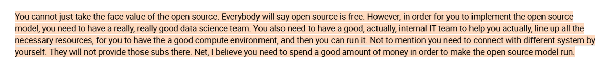 Transcript screenshot from an enterprise AI interview highlighting still-negative ROI for chatbot and reasoning workloads, with coding tools as the clearest positive return