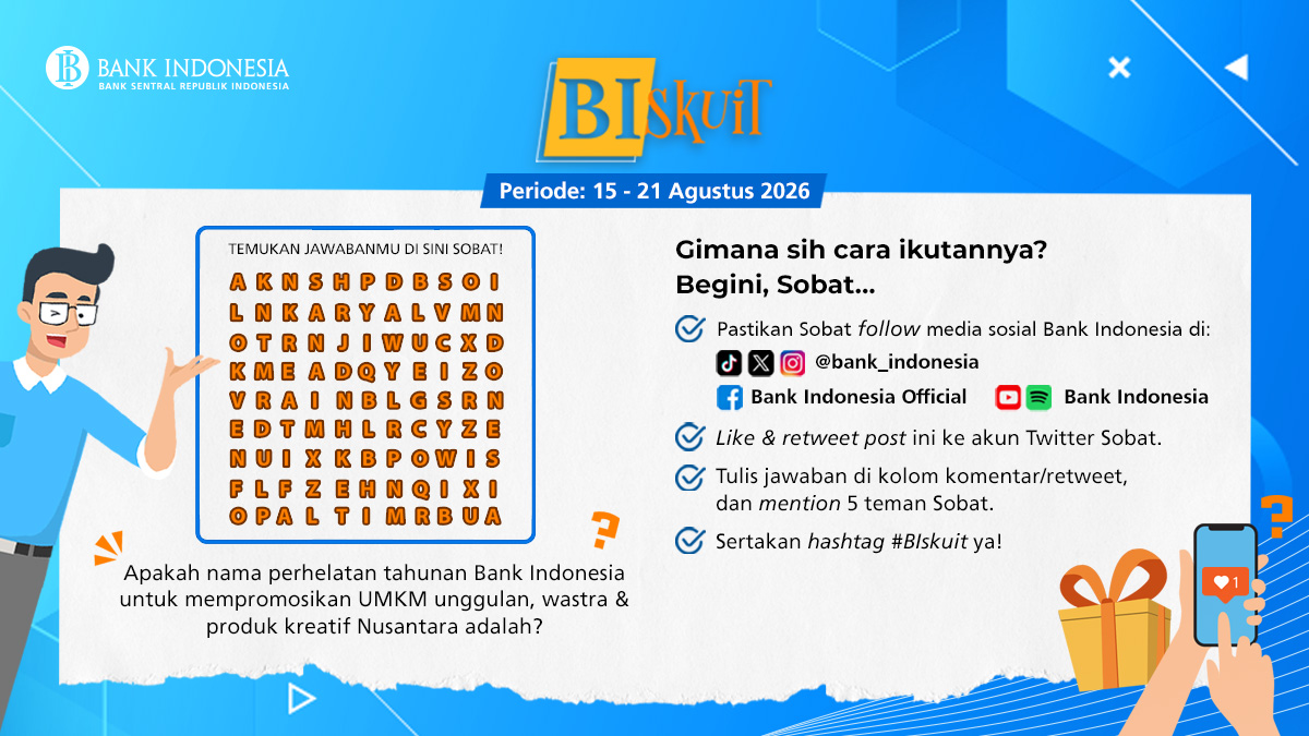 bank_indonesia's tweet photo. Seberapa kenal Sobat dengan perhelatan kreatif yang satu ini?

#SobatRupiah, Bank Indonesia kembali #BeriMakna menghadirkan panggung selebrasi terbesar untuk memperkuat ekosistem wirausaha, memamerkan pameran wastra, kopi, hingga produk kerajinan terbaik dari seluruh penjuru Nusantara! 🇮🇩✨

Melalui balutan semangat #BeudayaMeusareSare, ajang tahunan ini siap menghadirkan ragam potensi dan kekayaan karya UMKM binaan Bank Indonesia yang dikemas secara modern tanpa menghilangkan akar budaya lokal. Gimana kalau kita uji pengetahuan Sobat!?

Perhatikan huruf-hurufnya lalu jawab pertanyaannya di kolom komentar ya, Sobat! 👇