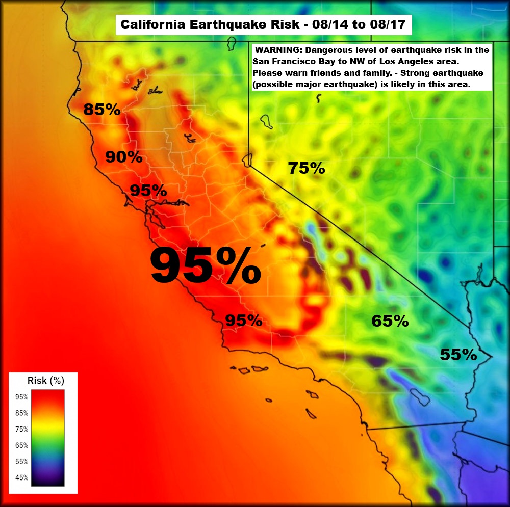 Quakeprediction's tweet photo. WARNING: Dangerous level of earthquake risk - Strong earthquake (possible major earthquake) is likely in the San Francisco Bay to NW of Los Angeles area - 08/14 to 08/17 - Please warn friends and family. https://t.co/s403JWRg0y