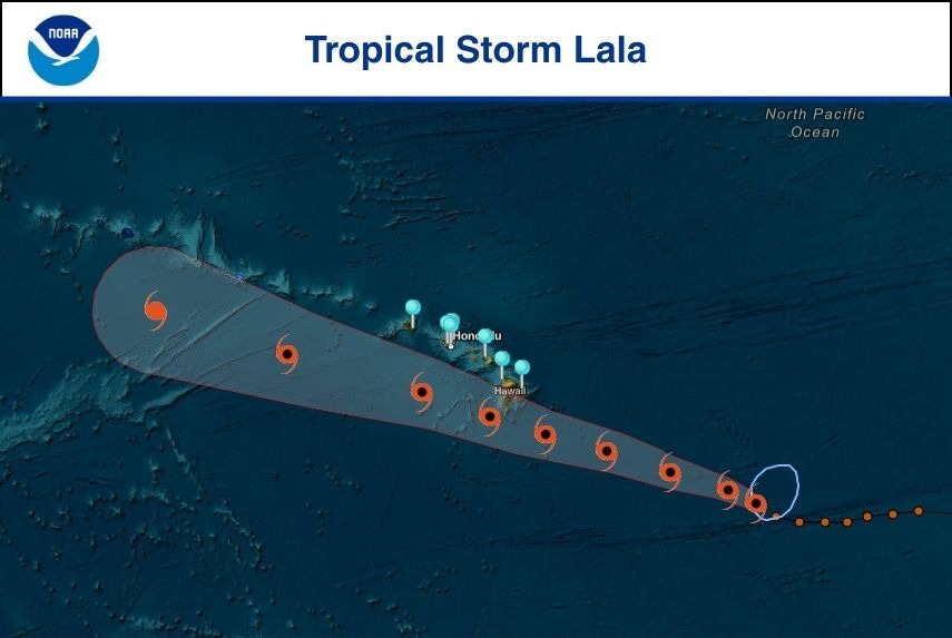 noaaocean's tweet photo. NOAA is monitoring water levels and winds for Tropical Storm Lala which is forecast to impact the Hawaiian Islands. View real-time water level and meteorological data: https://t.co/iSwTj32XCj https://t.co/woFuYixrEN