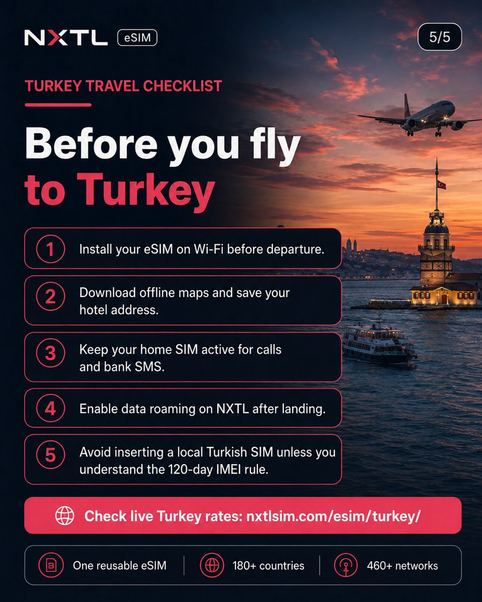 nxtlsim's tweet photo. One more Turkey tip before you fly 👇

If you insert a local Turkish SIM into a foreign phone, Turkey’s 120-day IMEI countdown can start.

For a short trip, setting up your travel eSIM before departure is usually the simpler option. https://t.co/dNaBwMjuvn