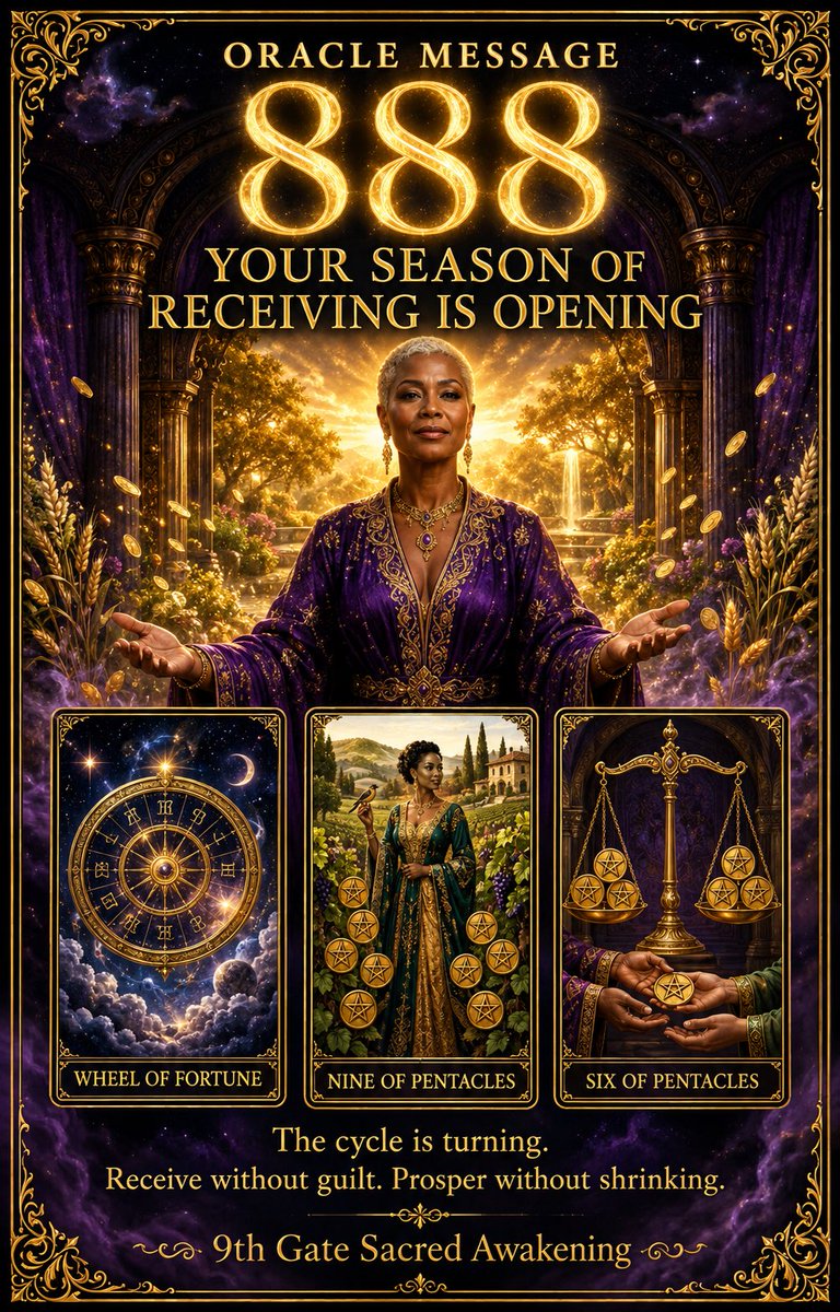 ShakenaE's tweet photo. Your Season of Receiving Is Opening

Today’s Oracle Message carries the abundant energy of 888, accompanied by the Wheel of Fortune, Nine of Pentacles, and Six of Pentacles.

You have spent seasons giving, sacrificing, planting seeds, and continuing forward—even when your efforts seemed unnoticed. Now the energy surrounding you is beginning to shift. The message is not simply about receiving money; it is about becoming open to every form of abundance that supports your well-being.

The Wheel of Fortune represents changing cycles, movement, and unexpected opportunities. A chapter that once felt stagnant may begin turning in a new direction. Stay aware, because opportunity does not always arrive in the form you expected.

The Nine of Pentacles represents earned abundance, independence, confidence, and enjoying what you worked to build. This card reminds you that you do not have to apologize for desiring stability, comfort, or success. You are allowed to enjoy the fruits of your labor.

The Six of Pentacles brings balance to giving and receiving. If you have always been the giver, this may be your lesson in allowing others to support you. Healthy abundance circulates—it does not demand that one person continuously pour while everyone else receives.

Angel number 888 is commonly associated with abundance, balance, completion, and continuous flow. Let it remind you to examine your relationship with receiving. Do you reject help because you fear owing someone? Do you minimize your gifts because you are afraid of being seen? Do you feel guilty when something good happens for you?

Receiving is not selfish. Prosperity does not make you less spiritual, and success does not require you to shrink.

As new doors open, remain grounded. Manage your resources wisely, honor your boundaries, and do not return to habits that kept you depleted. Abundance must be respected, protected, and directed with purpose.

The cycle is turning. Open your hands, but also prepare your life to hold what you have requested.

Receive without guilt. Prosper without shrinking.

— 9th Gate Sacred Awakening